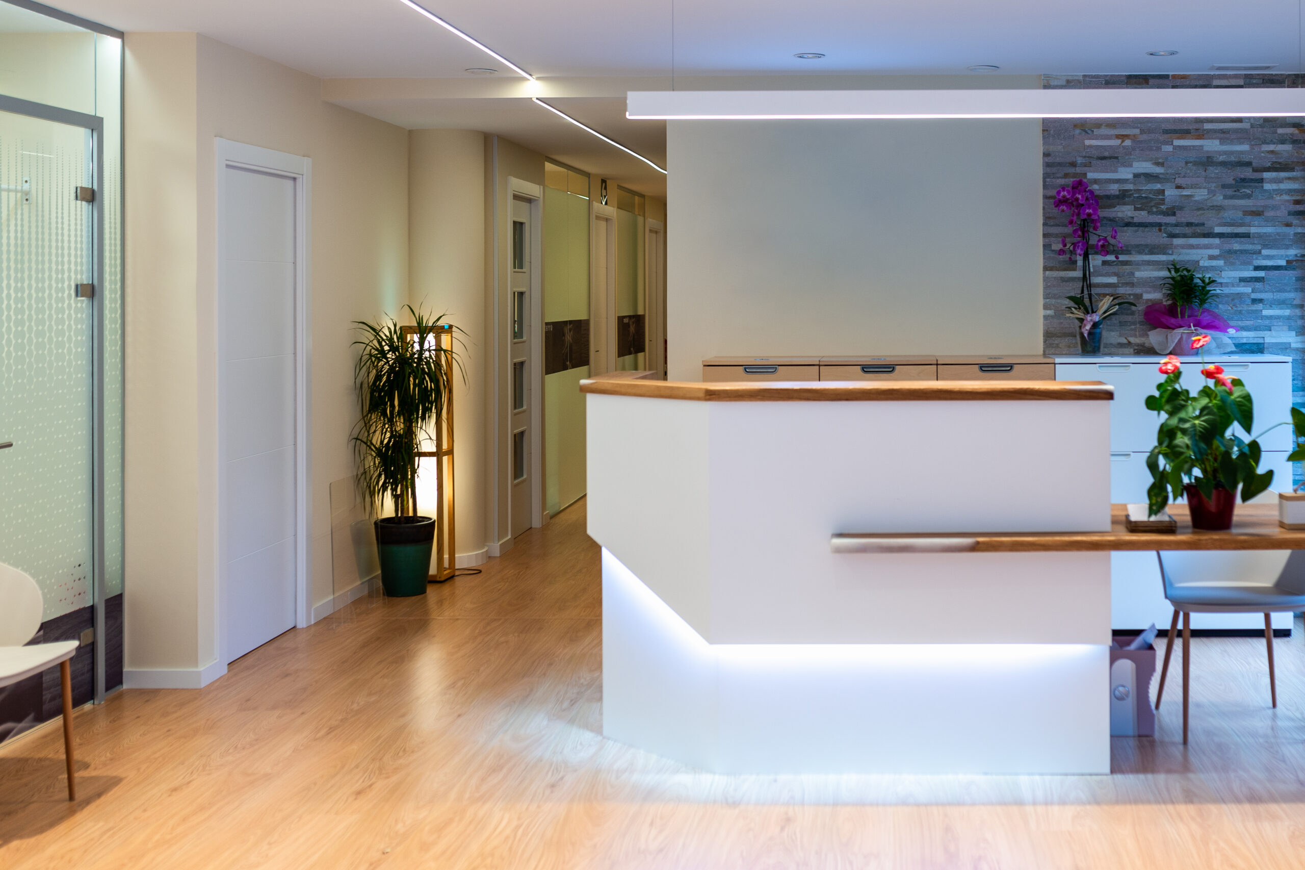 commercial construction services northeast florida - Modern reception area with a sleek desk in a gym fitness center, showcas